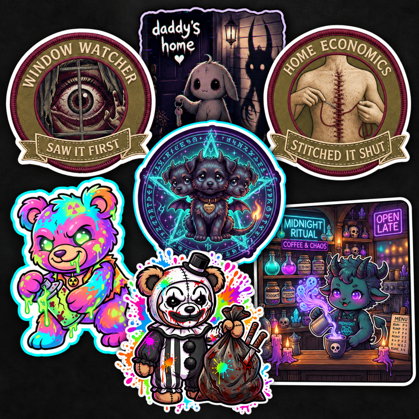 collage of lawlaur’s abyss stickers, including creepy merit patches and colorful creatures
