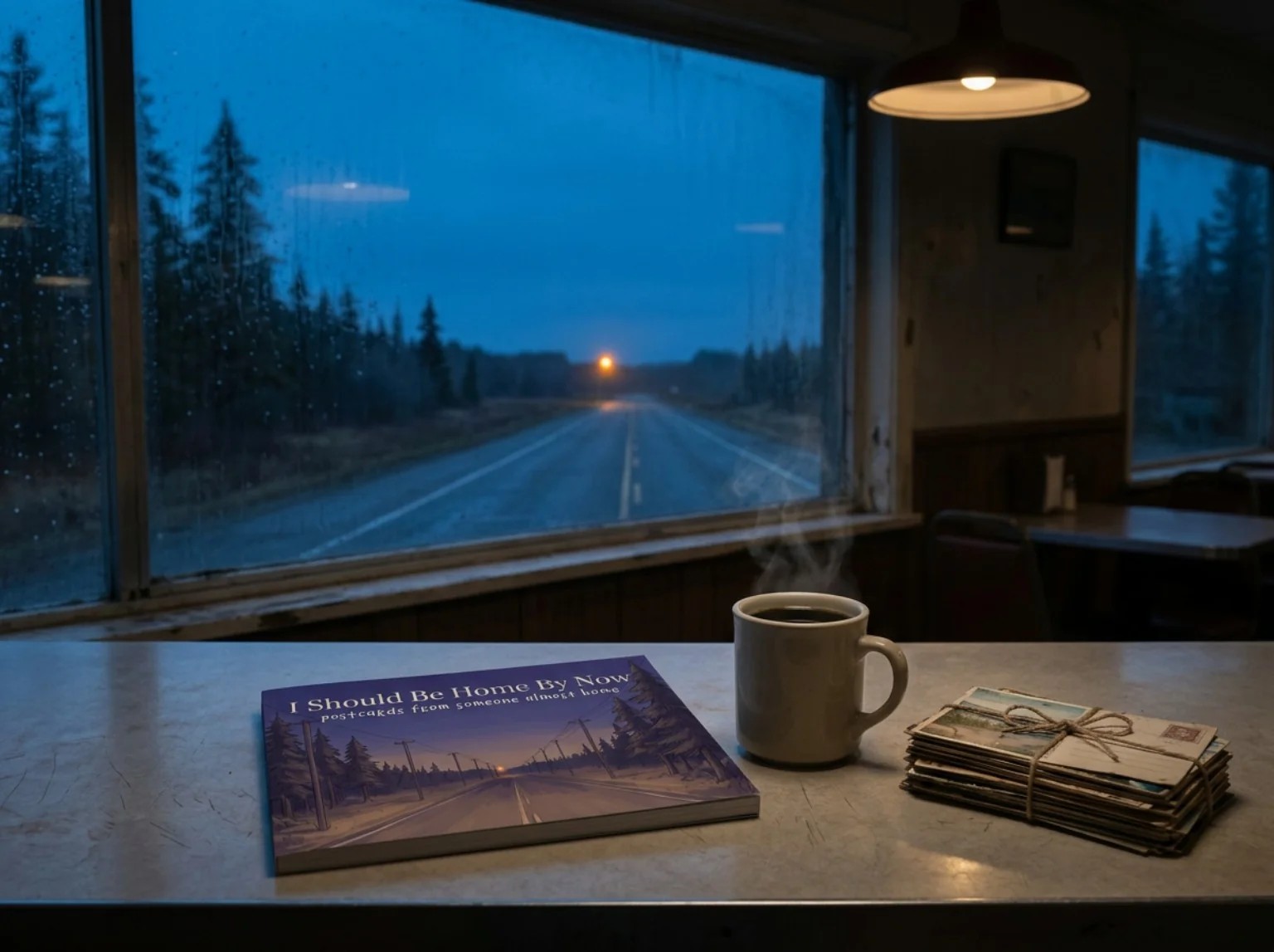 i should be home by now beside coffee and a stack of postcards in a quiet roadside diner